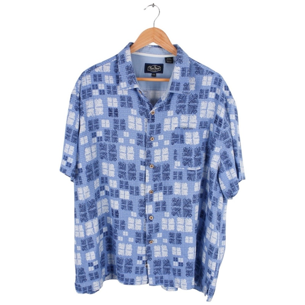 Nat Nast Silk Blend Camp Shirt Blue Geometric Button Front Men's XXL